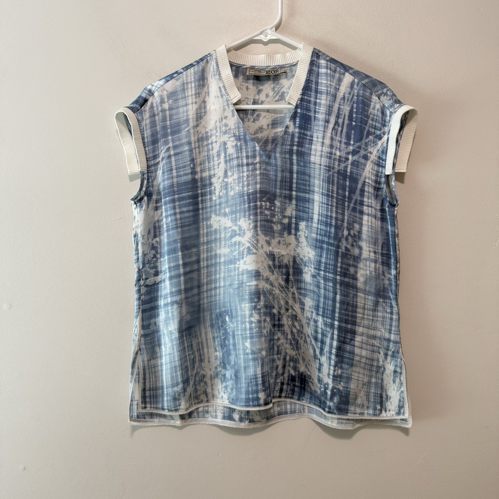 Go‎ by Go Silk Washable Silk Blue Notched V-Neck Relaxed Fit Blouse Size XS